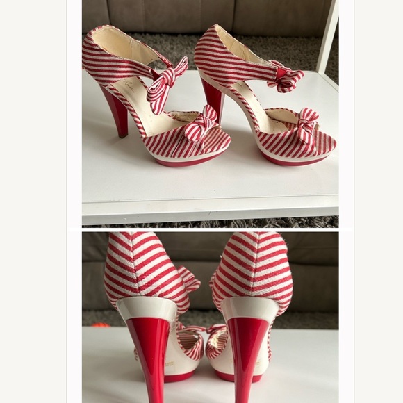 Red and White Striped Women's Heels - Picture 4 of 7